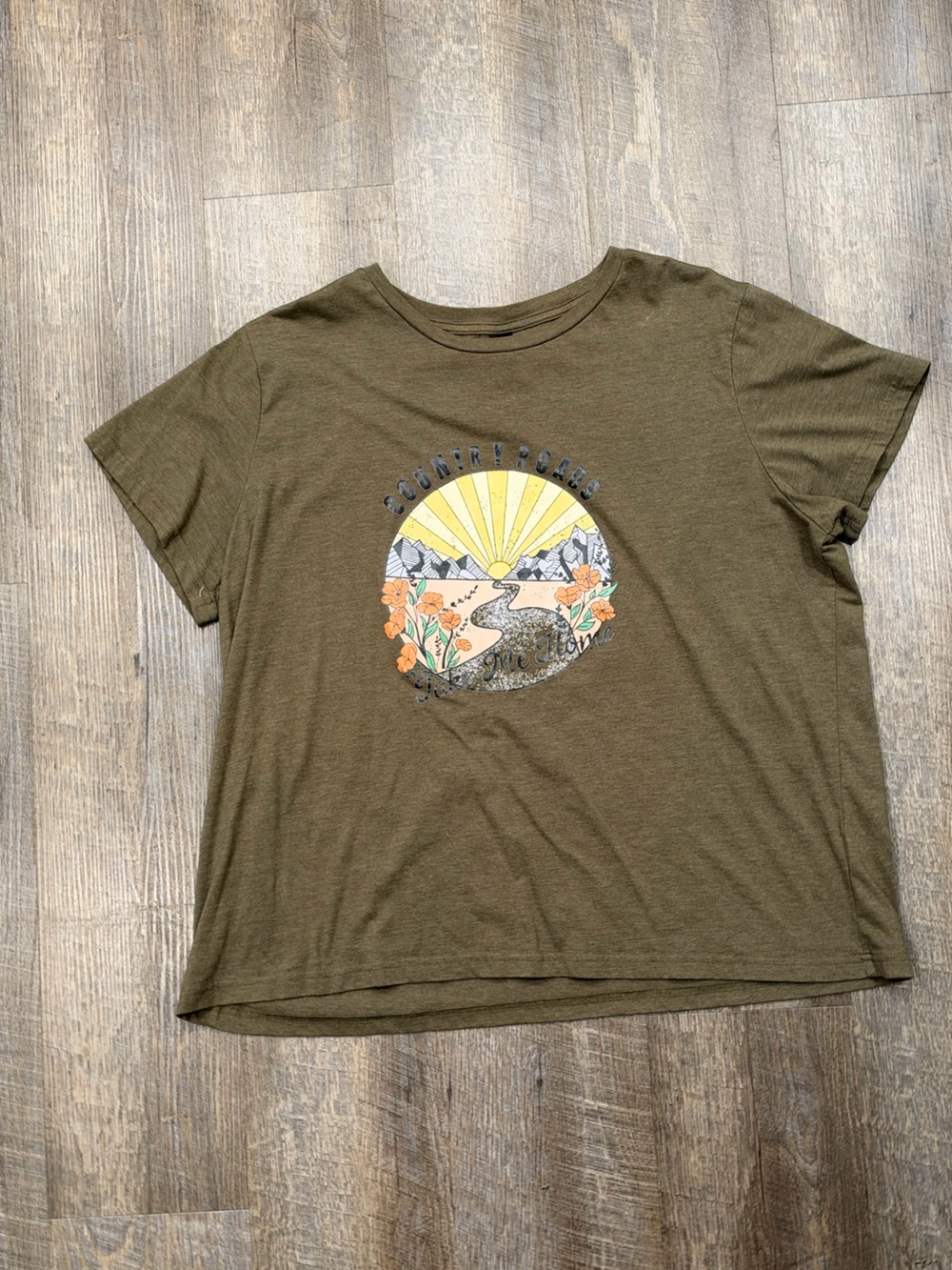 Plus size Olive Graphic Tee “country Roads, take me home”